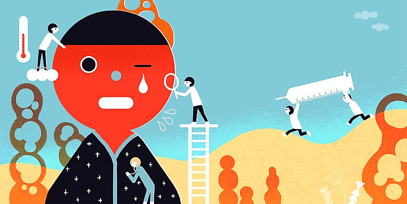 PSD 남자 일러스트 사다리 의학 병원 주사기 사람 여러명 성인 치료 환자 의사 도움 뜨거움 열 보호 온도계 체온계 감기 눈물 성인남자만 국내일러스트 감정 다수 컨셉 의료기기 의료진 도구 질병 남자만 성인만 파일형식