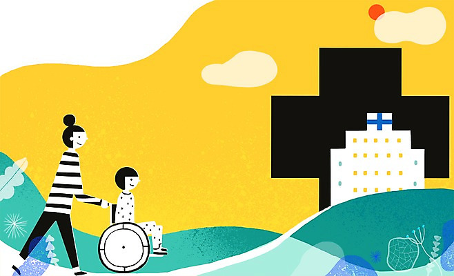 전신 PSD 구름 여자 남자 일러스트 병원 사람 앉기 성인 두명 건물 치료 태양 걷기 산책 환자 도움 보호 휠체어 보호자 국내일러스트 자연요소 건축물 컨셉 의학 모션 휴식 파일형식