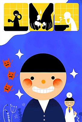 전신 PSD 남자 어린이 일러스트 병원 미소 사람 성인 두명 치료 깨끗함 청결 환자 의사 양치 도움 바이러스 세수 보호 예방 손씻기 남자만 코로나바이러스 국내일러스트 컨셉 의학 표정 의료진 위생 씻기 파일형식