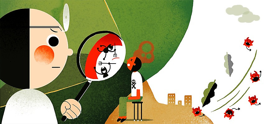 PSD 구름 남자 일러스트 의학 돋보기 병원 사람 성인 두명 치료 진료 환자 의사 도움 뜨거움 열 바이러스 보호 감기 성인남자만 국내일러스트 자연요소 컨셉 의료진 질병 남자만 성인만 파일형식