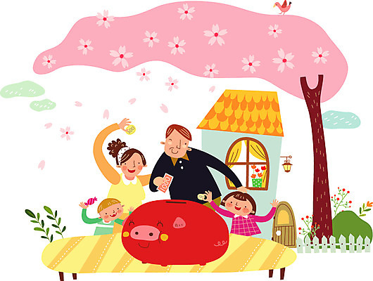 나무 식물 동물 구름 여자 남자 꽃 딸 행복 아들 어린이 지폐 일러스트 가족 탁자 조류 엄마 주택 함께함 사람 여러명 상반신 성인 울타리 동전 화목 저축 돼지저금통 벚꽃 아빠 벚나무 가정의달 금융의날 국내일러스트 AI파일 자연요소 감정 가구 다수 컨셉 돈 관계 건물 금융 담장 저금통 5월 파일형식 벡터 법정기념일
