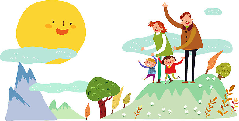 전신 나무 식물 구름 여자 남자 꽃 딸 행복 아들 어린이 일러스트 가족 엄마 산 함께함 사람 여러명 성인 태양 화목 아빠 정상 가정의달 국내일러스트 AI파일 자연요소 감정 다수 컨셉 관계 5월 파일형식 벡터