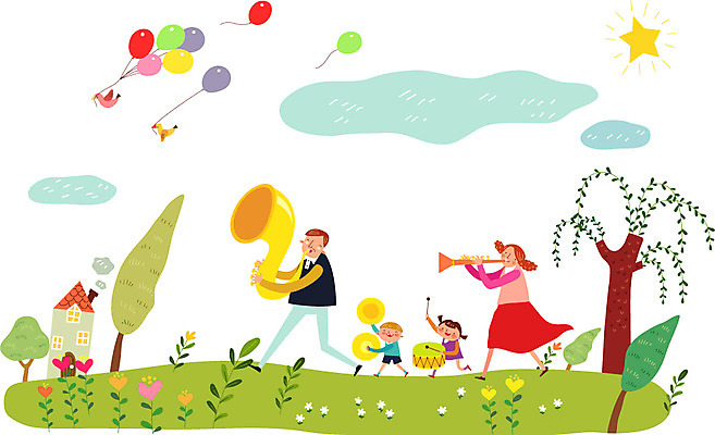 전신 나무 식물 동물 구름 여자 남자 꽃 딸 행복 별 아들 어린이 악기 연주 일러스트 가족 조류 엄마 주택 함께함 사람 여러명 성인 화목 아빠 가정의달 풍선 행진 국내일러스트 AI파일 자연요소 감정 음악 다수 컨셉 관계 모션 건물 5월 파일형식 벡터