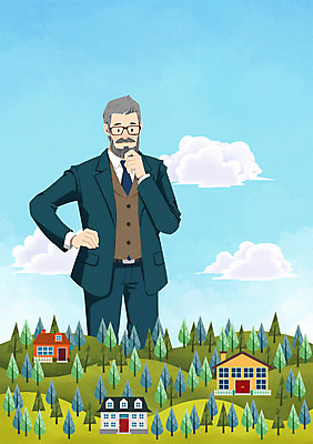 PSD 나무 식물 구름 남자 중년 일러스트 비즈니스 하늘 부동산 주택 한명 사람 성인 마을 관찰 비즈니스맨 언덕 투자 열정 거인 국내일러스트 자연요소 1 감정 모션 건물 직장인 재산 파일형식