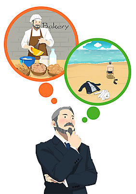 PSD 남자 음식 빵 바다 중년 생각 일러스트 비즈니스 휴가 사람 정장 성인 두명 빵집 비즈니스맨 열정 제빵 제빵사 성인남자만 중년만 중년남자만 국내일러스트 직업 옷 감정 제과제빵 상점 직장인 남자만 성인만 파일형식