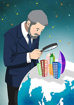 PSD 남자 별 지구 중년 일러스트 비즈니스 돋보기 한명 사람 정장 빌딩 성인 우주 관찰 비즈니스맨 열정 국내일러스트 자연요소 1 옷 감정 모션 건물 직장인 파일형식