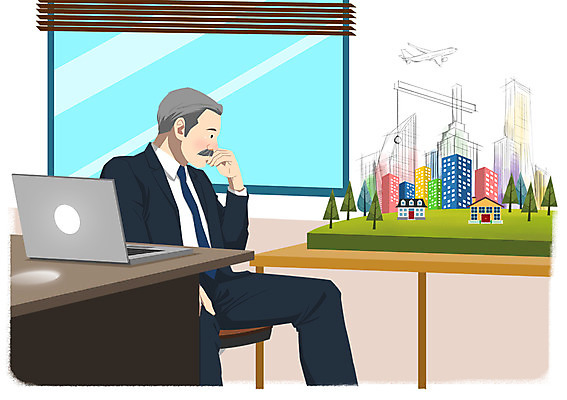 PSD 남자 건축 중년 의자 일러스트 비즈니스 창문 부동산 한명 사람 정장 성인 노트북 사무실 비즈니스맨 책상 기중기 투자 열정 국내일러스트 1 옷 감정 가구 전자제품 직장인 중장비 재산 파일형식