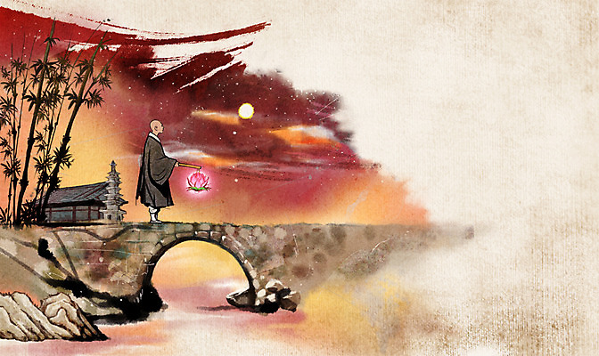 주간 PSD 나무 식물 남자 종교 백그라운드 불교 일러스트 수묵화 한명 사람 성인 야외 노을 탑 달 신비 승려 대나무 연등 중 돌다리 승 가교 국내일러스트 자연요소 1 건축물 컨셉 미술 등불 다리_건축물 성직자 불교용품 파일형식