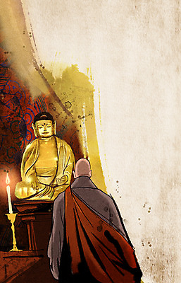 PSD 남자 종교 백그라운드 불교 일러스트 초 촛불 불 실내 수묵화 한명 사람 성인 신비 승려 부처 중 승 제단 국내일러스트 자연요소 1 컨셉 미술 내부 성직자 파일형식