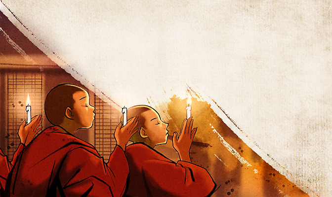 PSD 남자 종교 어린이 백그라운드 불교 일러스트 초 촛불 불 실내 수묵화 사람 두명 기도 신비 승려 동자승 중 합장 승 남자만 어린이만 소년만 국내일러스트 자연요소 컨셉 미술 손짓 내부 성직자 파일형식