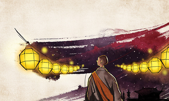 PSD 남자 종교 백그라운드 불교 일러스트 수묵화 한명 사람 성인 야외 사찰 야간 신비 승려 연등 중 승 국내일러스트 자연요소 1 컨셉 종교건축 미술 등불 성직자 불교용품 파일형식