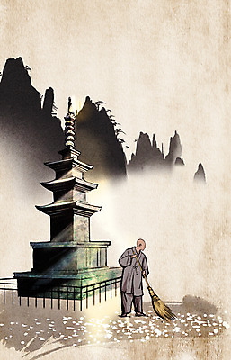 주간 PSD 남자 종교 백그라운드 불교 일러스트 수묵화 한명 사람 성인 야외 탑 정원 신비 승려 빗자루 중 승 국내일러스트 자연요소 1 건축물 컨셉 미술 성직자 청소도구 파일형식