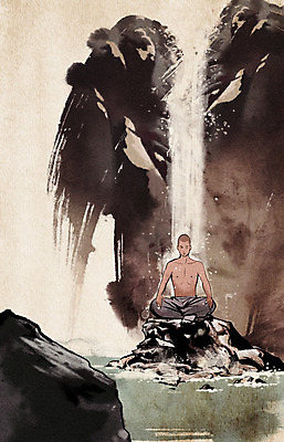 주간 PSD 남자 종교 백그라운드 불교 일러스트 수묵화 한명 사람 성인 야외 폭포 돌_바위 바위 신비 승려 명상 중 승 차분 국내일러스트 자연요소 1 컨셉 자연 미술 성직자 파일형식