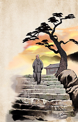 주간 PSD 나무 식물 남자 종교 백그라운드 불교 일러스트 수묵화 한명 사람 성인 야외 계단 소나무 사찰 신비 승려 중 돌계단 국내일러스트 자연요소 1 컨셉 종교건축 미술 돌_바위 성직자 파일형식