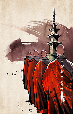 PSD 남자 종교 백그라운드 불교 일러스트 수묵화 사람 여러명 성인 야외 탑 신비 승려 중 승 성인남자만 국내일러스트 건축물 다수 컨셉 미술 성직자 남자만 성인만 파일형식