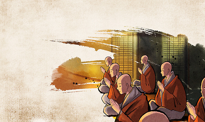 PSD 남자 종교 백그라운드 불교 일러스트 실내 수묵화 사람 여러명 성인 기도 신비 승려 중 합장 승 성인남자만 국내일러스트 다수 컨셉 미술 손짓 내부 성직자 남자만 성인만 파일형식