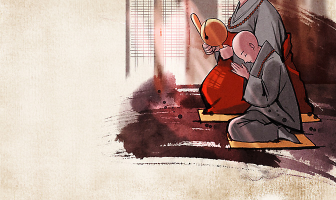 PSD 남자 종교 어린이 백그라운드 불교 일러스트 실내 수묵화 사람 성인 두명 기도 신비 승려 동자승 중 목탁 합장 승 남자만 국내일러스트 컨셉 미술 손짓 내부 성직자 불교용품 파일형식