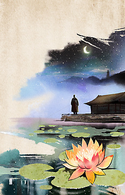 PSD 식물 남자 실루엣 별 종교 백그라운드 불교 일러스트 연꽃 수묵화 한명 사람 성인 야외 달 기도 연못 야간 신비 승려 명상 중 승 차분 국내일러스트 자연요소 1 꽃 컨셉 촬영기법 미술 성직자 파일형식