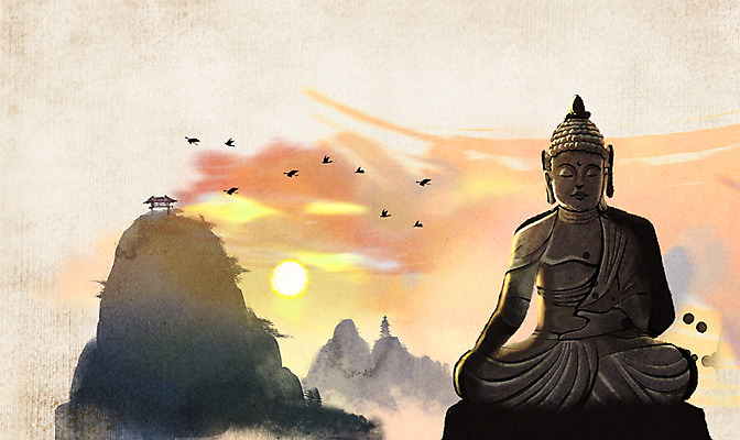 PSD 종교 백그라운드 불교 일러스트 조류 산 수묵화 풍경 사람없음 태양 노을 일몰 신비 부처 석상 철새 국내일러스트 자연요소 동물 컨셉 미술 파일형식