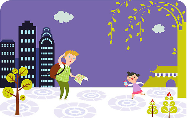 외국인 나무 식물 구름 여자 남자 어린이 지도 일러스트 사람 빌딩 성인 야외 스마트폰 여행객 기쁨 도시 도움 격려 길찾기 국내일러스트 AI파일 자연요소 감정 컨셉 모션 인종 건물 핸드폰 스마트기기 파일형식 벡터