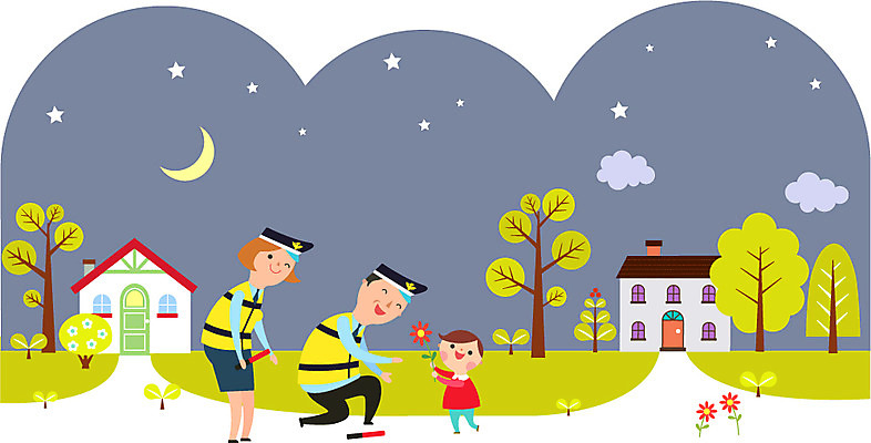 나무 식물 여자 남자 꽃 별 어린이 일러스트 주택 사람 성인 야외 마을 기쁨 달 경찰 야간 감사 격려 순찰 국내일러스트 AI파일 자연요소 직업 감정 모션 건물 파일형식 벡터