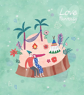 PSD 나무 식물 커플 여자 남자 꽃 일러스트 상상 함께함 텐트 사랑 사람 이벤트 성인 두명 판타지 야자수 로맨틱 무인도 해먹 국내일러스트 감정 섬 컨셉 관계 캠핑도구 침대 파일형식