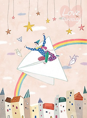 PSD 커플 여자 남자 별 무지개 일러스트 상상 주택 함께함 사랑 사람 이벤트 성인 두명 판타지 마을 로맨틱 비행 종이비행기 종이학 국내일러스트 자연요소 감정 컨셉 관계 건물 종이접기 파일형식