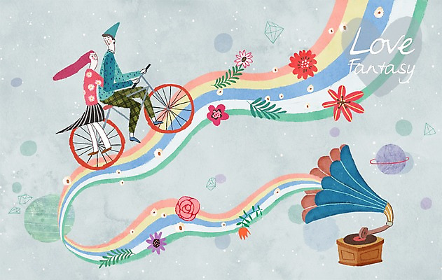 PSD 식물 커플 여자 남자 꽃 무지개 일러스트 상상 함께함 사랑 사람 이벤트 성인 두명 판타지 자전거 행성 로맨틱 축음기 무중력 국내일러스트 자연요소 감정 음향기기 컨셉 관계 우주 바이크 골동품 파일형식