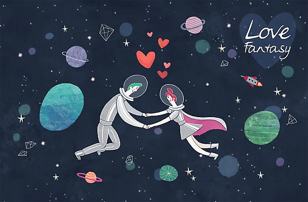 PSD 커플 여자 남자 일러스트 상상 함께함 사랑 사람 이벤트 성인 두명 판타지 우주 손잡기 행성 로맨틱 하트 우주선 우주복 무중력 국내일러스트 모양 옷 감정 컨셉 관계 모션 파일형식