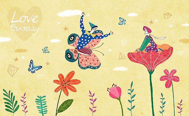 PSD 식물 커플 여자 남자 꽃 나비 일러스트 상상 함께함 사랑 사람 이벤트 성인 두명 판타지 로맨틱 국내일러스트 감정 곤충 컨셉 관계 파일형식