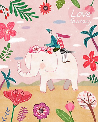 PSD 나무 식물 동물 한마리 커플 여자 남자 꽃 일러스트 상상 코끼리 함께함 사랑 사람 이벤트 성인 두명 판타지 로맨틱 국내일러스트 1 감정 컨셉 포유류 관계 파일형식