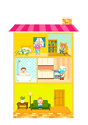 PSD 동물 여자 남자 어린이 거실 일러스트 곰 아파트 주택 함께함 사람 두명 친구 주방 기쁨 침실 욕실 서재 쥐 즐거움 코알라 어린이만 국내일러스트 감정 컨셉 포유류 관계 건물 설치류 파일형식