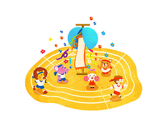 PSD 동물 여자 남자 어린이 일러스트 곰 응원 함께함 사람 두명 친구 달리기 기쁨 사자 즐거움 트랙 체육대회 코알라 어린이만 국내일러스트 감정 컨셉 포유류 관계 모션 체육 대회 파일형식