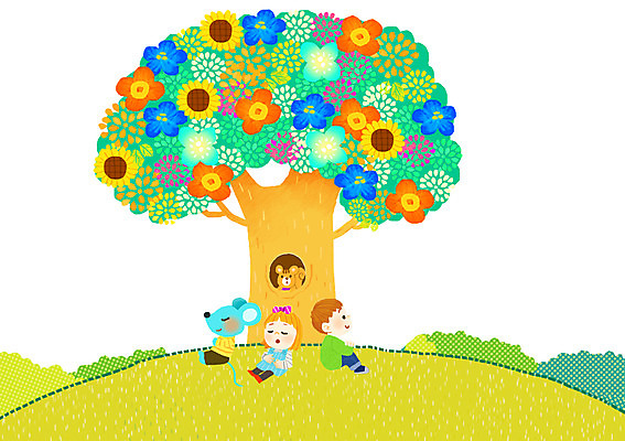 PSD 나무 식물 동물 여자 남자 꽃 어린이 일러스트 함께함 꽃나무 사람 두명 친구 기쁨 쥐 언덕 즐거움 다람쥐 어린이만 국내일러스트 감정 컨셉 관계 설치류 파일형식