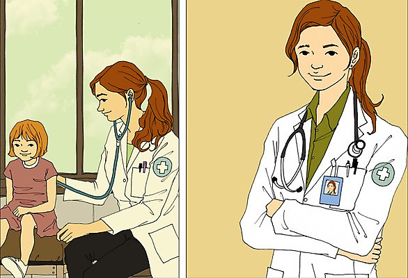 PSD 직업 여자 어린이 일러스트 청진기 사람 성인 세명 진료 의사 가운 의사가운 만화 열정 아트툰 여자만 국내일러스트 옷 감정 의학 의료기기 의료진 그림 파일형식