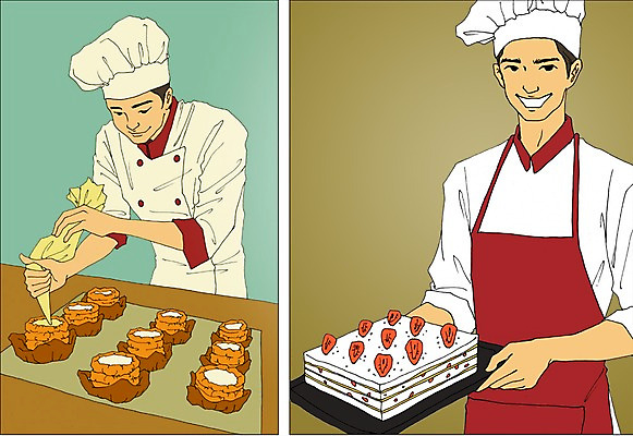 PSD 직업 남자 음식 빵 일러스트 요리사모자 사람 성인 두명 케이크 앞치마 조리복 만화 열정 제빵사 짤주머니 아트툰 성인남자만 국내일러스트 모자_잡화 감정 유니폼 디저트 요리사 그림 제빵도구 남자만 성인만 파일형식