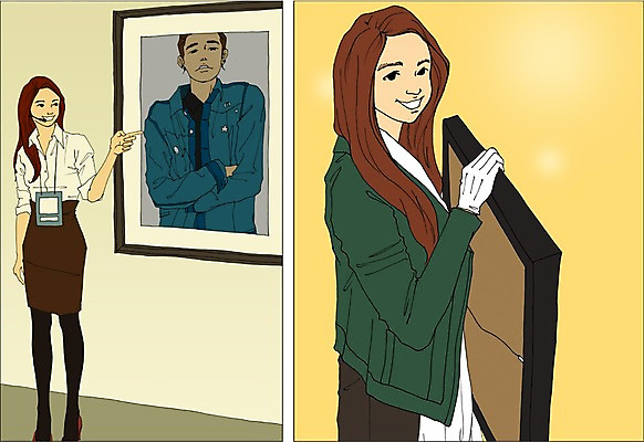 PSD 직업 여자 액자 일러스트 안내 사람 성인 두명 미술관 만화 그림 열정 아트툰 큐레이터 성인여자만 국내일러스트 감정 여자만 성인만 파일형식