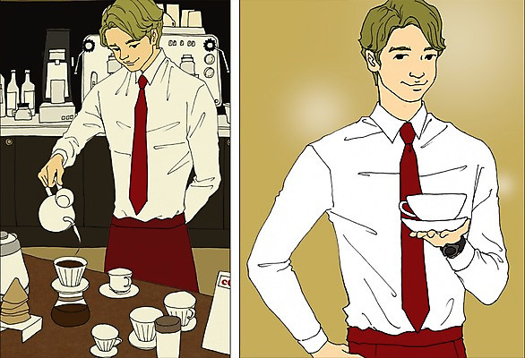 PSD 직업 남자 커피 음료 일러스트 사람 성인 두명 커피잔 만화 커피메이커 열정 바리스타 드립커피 아트툰 성인남자만 국내일러스트 감정 잔 그림 커피용품 남자만 성인만 파일형식