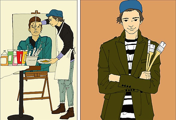 PSD 직업 남자 일러스트 사람 성인 두명 물감 붓 만화 이젤 열정 화가 아트툰 성인남자만 국내일러스트 감정 미술도구 그림 남자만 성인만 파일형식