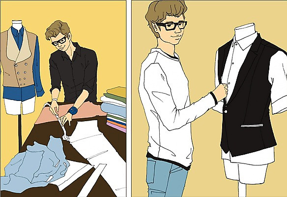 PSD 직업 옷 남자 일러스트 사람 성인 두명 디자이너 만화 패션디자이너 열정 재단 아트툰 성인남자만 국내일러스트 감정 그림 남자만 성인만 파일형식