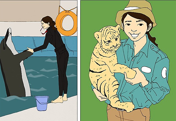 PSD 동물 직업 여자 일러스트 사람 성인 두명 물 바구니 호랑이 만화 돌고래 열정 튜브 사육사 아트툰 성인여자만 국내일러스트 자연요소 감정 포유류 수중동물 그림 여자만 성인만 파일형식