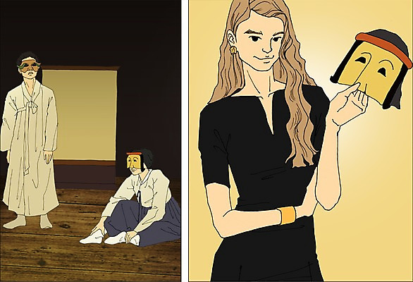 PSD 직업 여자 일러스트 가면 사람 성인 세명 공연 배우 한복 만화 열정 연극 연극배우 아트툰 성인여자만 국내일러스트 한국전통 감정 문화예술 이벤트 전통의상 그림 연예인 여자만 성인만 파일형식