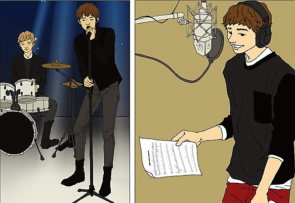 PSD 직업 남자 일러스트 사람 성인 세명 헤드셋 공연 가수 레코드 만화 악보 마이크 드럼 열정 아트툰 성인남자만 국내일러스트 감정 음악 음향기기 타악기 이벤트 헤드폰 음악가 음반 그림 남자만 성인만 파일형식