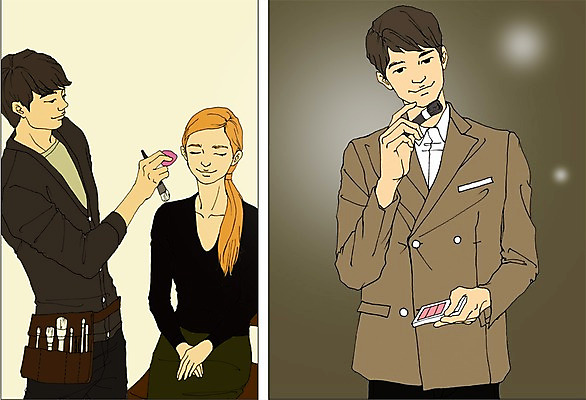 PSD 직업 여자 남자 일러스트 사람 성인 세명 화장 뷰티 화장품 붓 만화 열정 메이크업아티스트 아트툰 성인만 국내일러스트 감정 그림 파일형식