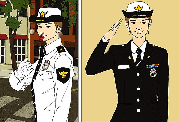 PSD 직업 여자 유니폼 일러스트 사람 성인 두명 경찰 만화 호루라기 열정 교통정리 아트툰 성인여자만 국내일러스트 옷 감정 교통 그림 여자만 성인만 파일형식