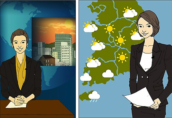 PSD 직업 여자 종이 일러스트 사람 정장 성인 두명 만화 아나운서 책상 열정 기상캐스터 아트툰 성인여자만 국내일러스트 옷 감정 가구 그림 여자만 성인만 파일형식