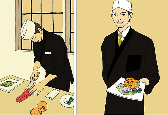 PSD 직업 접시 남자 음식 일러스트 식재료 사람 성인 두명 주방 요리사 초밥 칼 만화 열정 일본음식 아트툰 성인남자만 국내일러스트 식기 감정 그림 남자만 성인만 파일형식