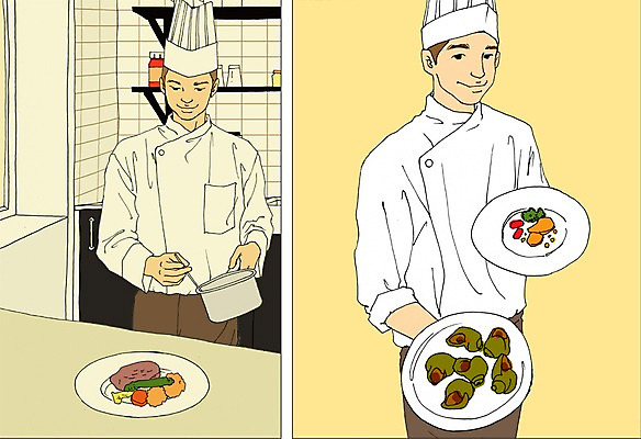 PSD 직업 접시 남자 음식 일러스트 요리사모자 사람 성인 두명 주방 요리사 조리복 만화 열정 아트툰 성인남자만 국내일러스트 모자_잡화 식기 감정 유니폼 그림 남자만 성인만 파일형식