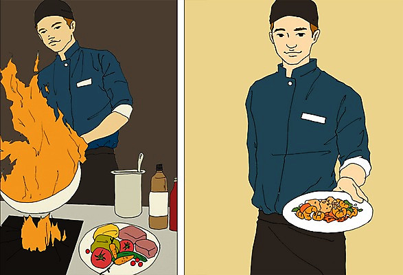 PSD 직업 남자 음식 일러스트 식재료 불 사람 성인 두명 중식 주방 요리사 프라이팬 만화 열정 아트툰 성인남자만 국내일러스트 자연요소 감정 주방용품 그림 남자만 성인만 파일형식