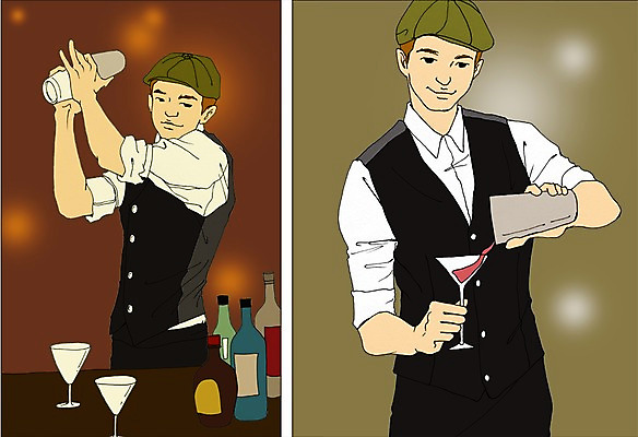 PSD 직업 남자 일러스트 술병 사람 성인 두명 칵테일 만화 칵테일잔 열정 바텐더 아트툰 성인남자만 국내일러스트 감정 술잔 병_용기 주류 그림 남자만 성인만 파일형식